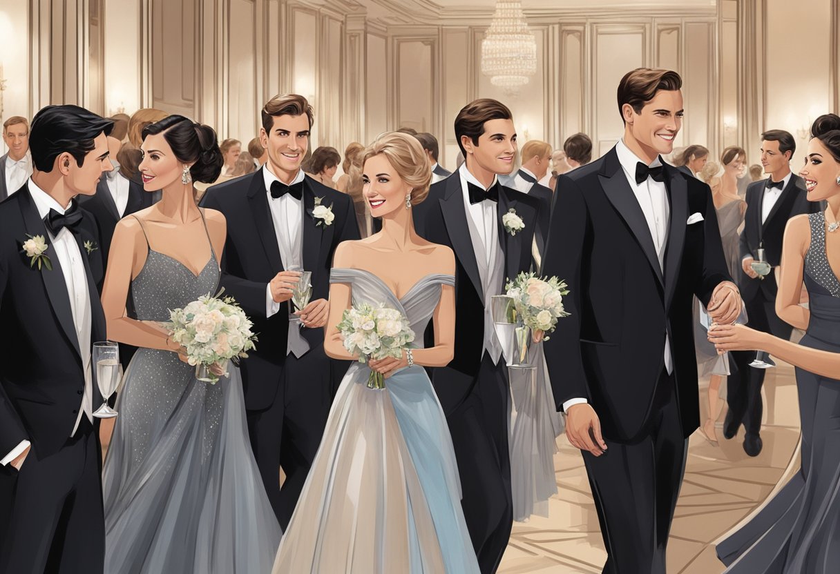 A group of elegantly dressed guests mingle at a formal wedding reception, with men in black tie attire and women in glamorous formal gowns