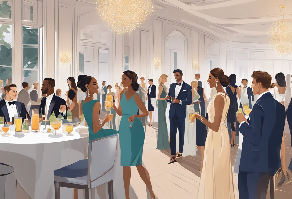 Guests in semi-formal and cocktail attire mingle in a stylish venue, sipping drinks and chatting. The atmosphere is sophisticated and elegant, with a mix of classic and trendy fashion choices