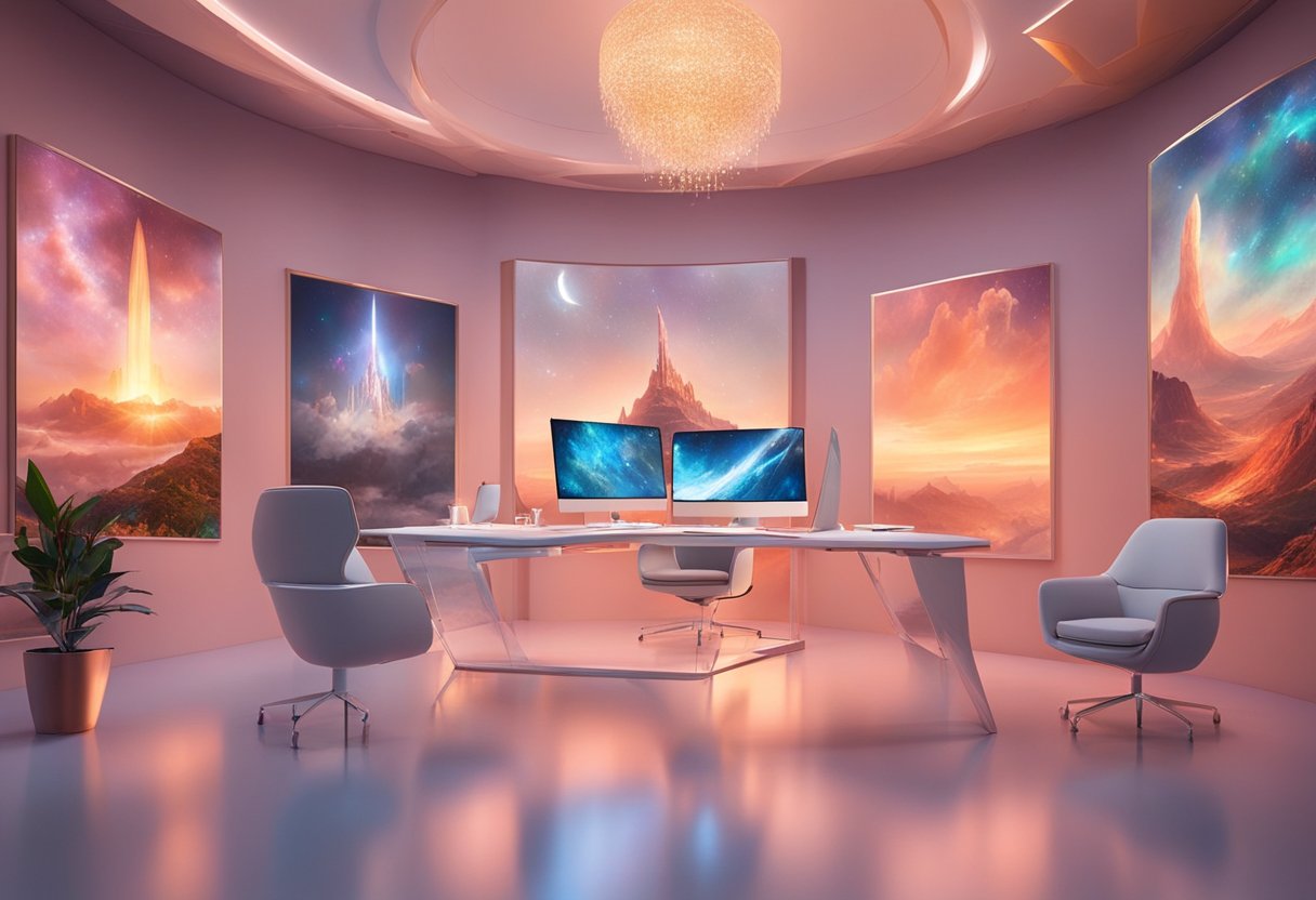 A digital agency's office with AI software creating video content. Computer screens display data and algorithms. The room is modern and sleek