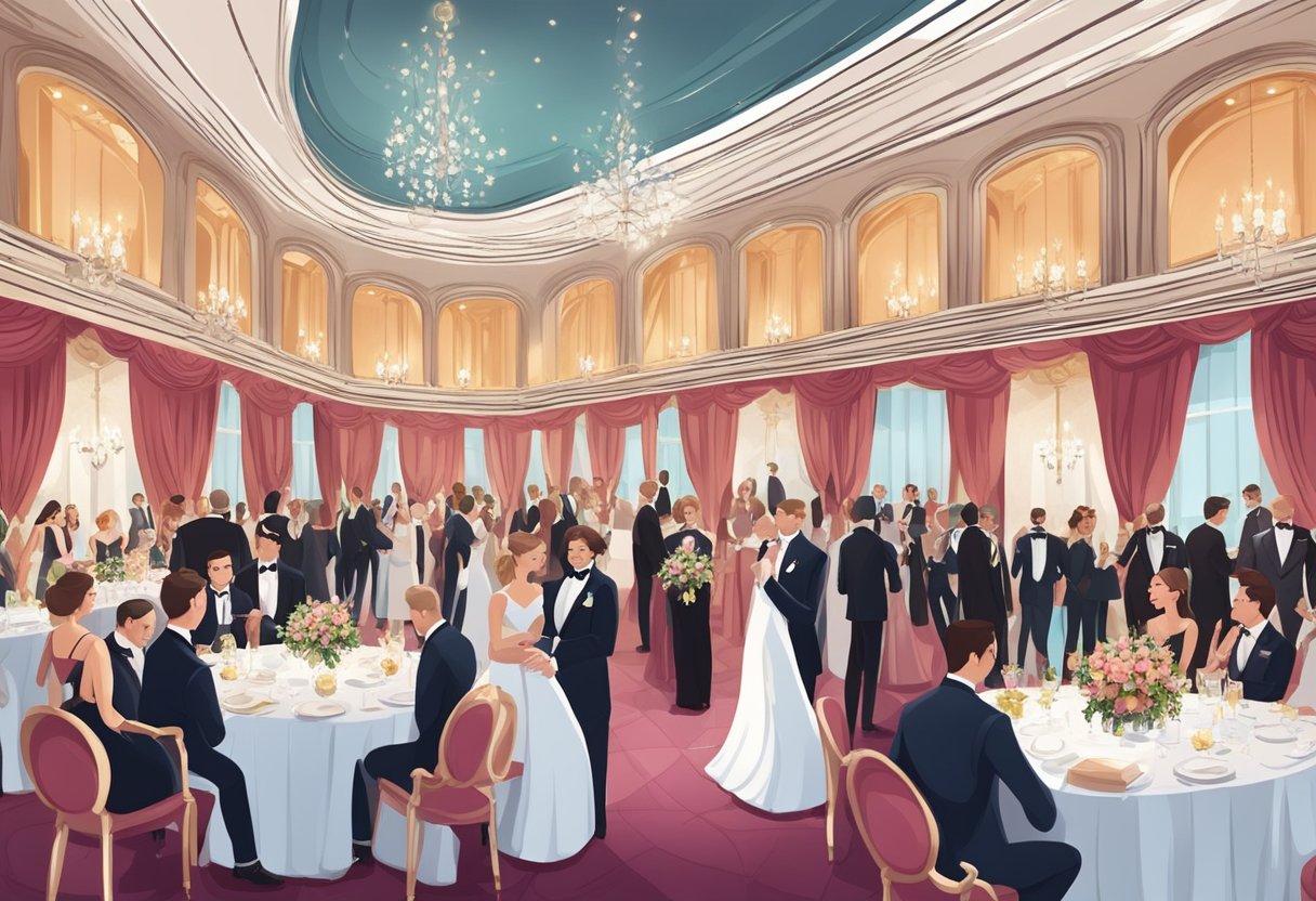 A grand ballroom with guests dressed in elegant attire according to wedding dress codes. Men in tuxedos and women in formal gowns