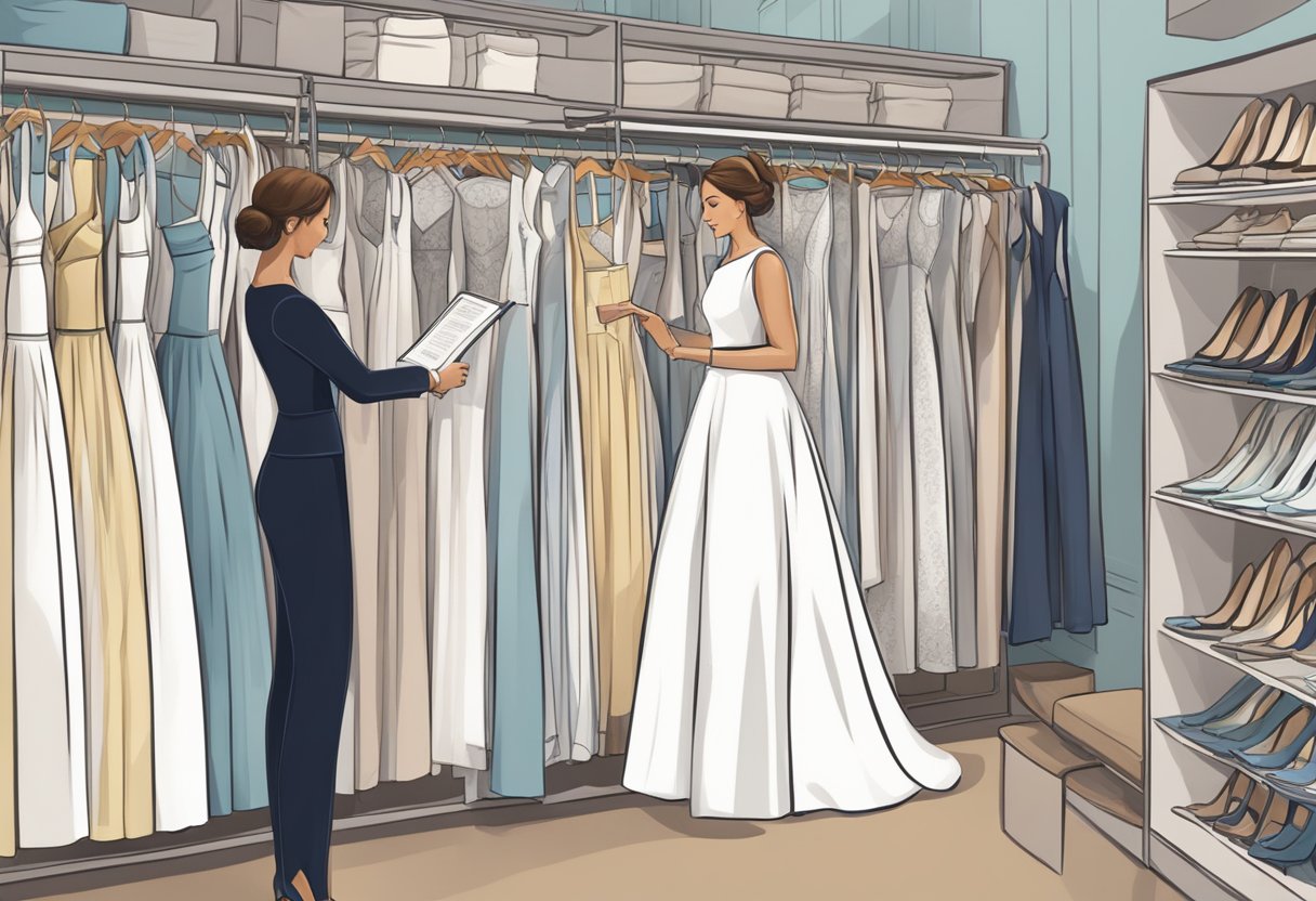 A woman browsing through racks of formal attire, holding a guidebook on wedding dress codes. A tailor measuring fabric in the background