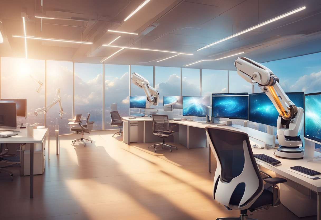 A sleek, modern office space with multiple computer monitors displaying data analytics and video editing software. A robotic arm operates a camera, capturing footage for niche market digital agencies