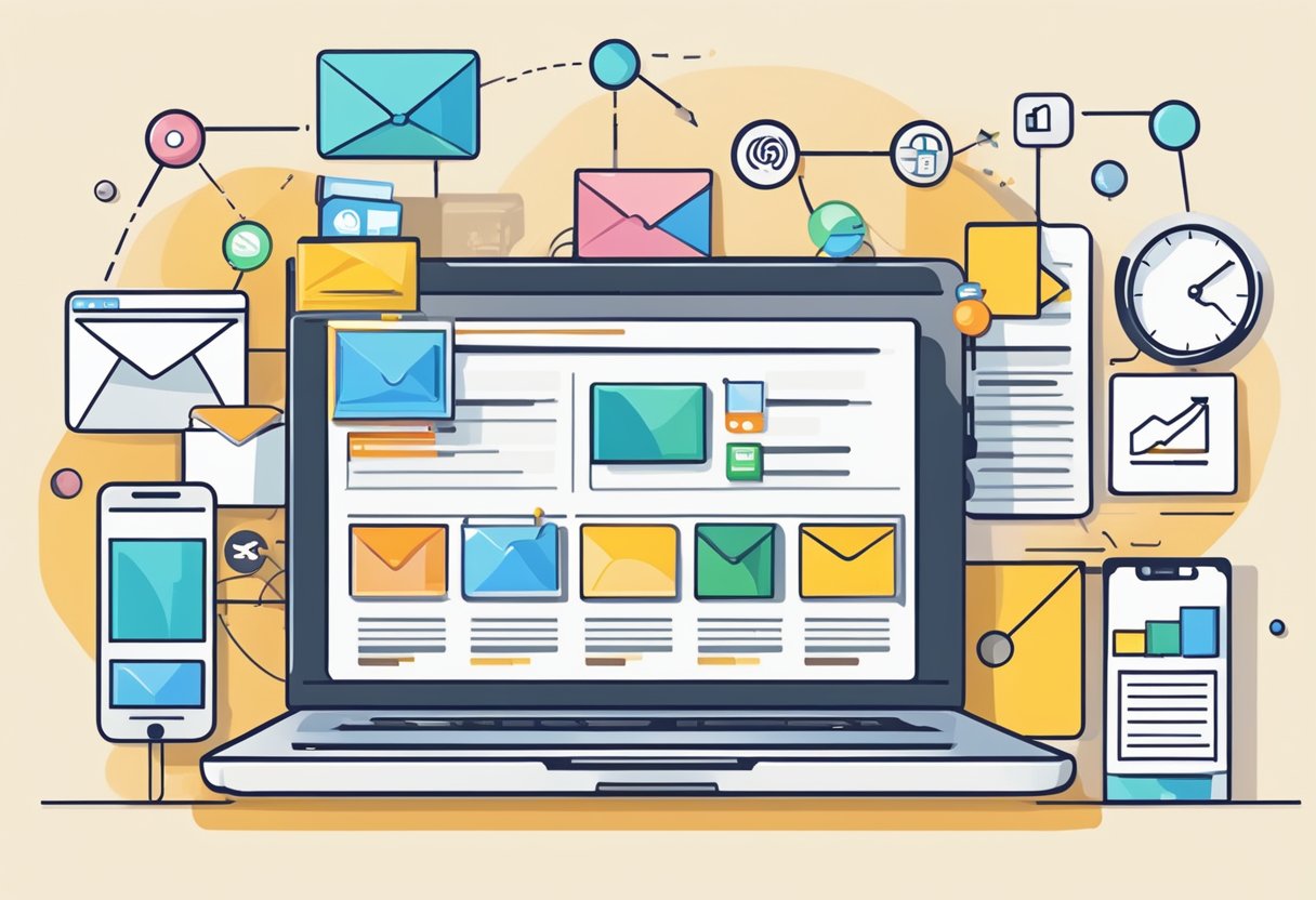 A laptop displaying lead generation tools. A chart showing email leads increasing. Icons of email, social media, and website