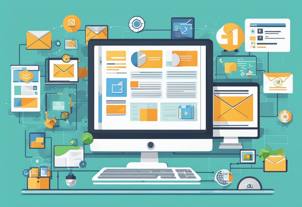 A computer screen displaying email marketing tools, with a graph showing lead generation. Icons of email, analytics, and automation surround the screen