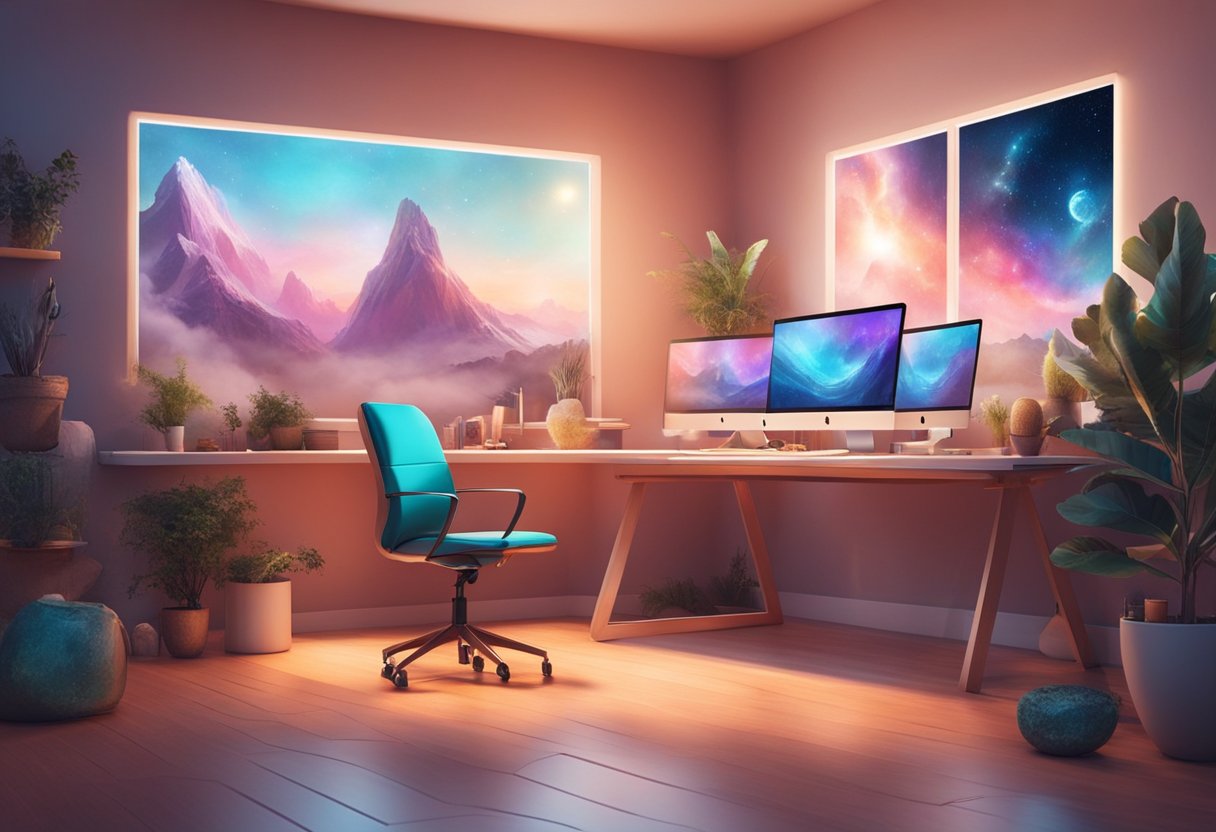 A sleek, modern workspace with a computer, camera, and lighting setup for creating professional-looking videos using faceless AI video templates