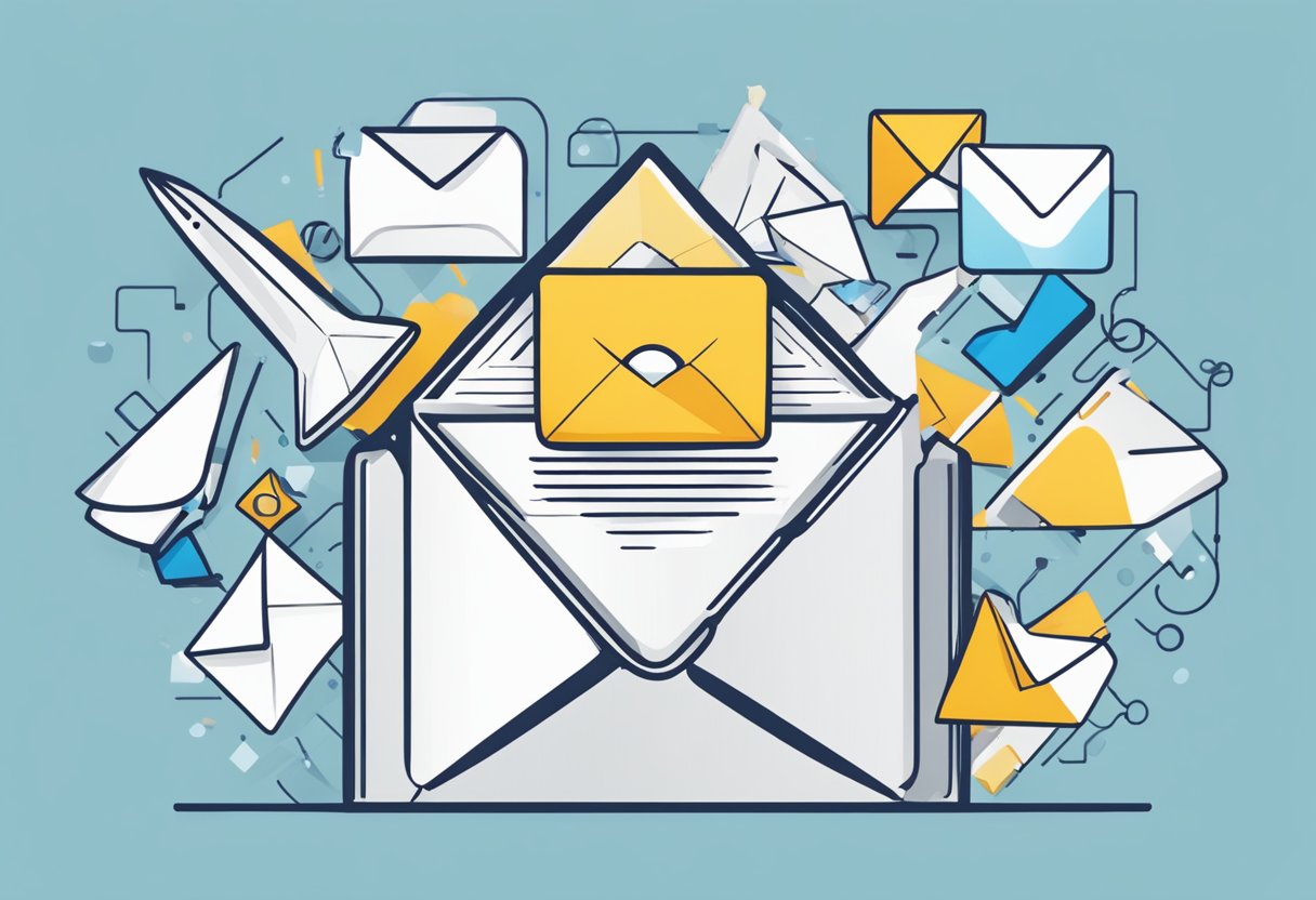 Multiple funnels pouring into a single email envelope, representing various lead sources integrating to generate email leads