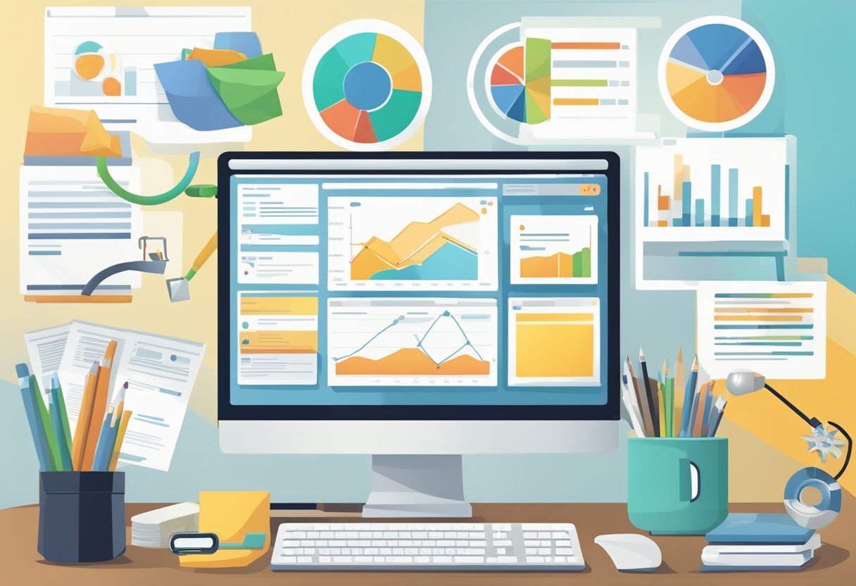 A computer screen displaying various email lead generation tools with data analysis charts and refining strategies