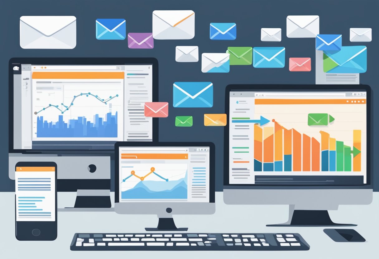 Various email leads providers are compared using automation and campaign management tools. Data is analyzed and charts are displayed on computer screens