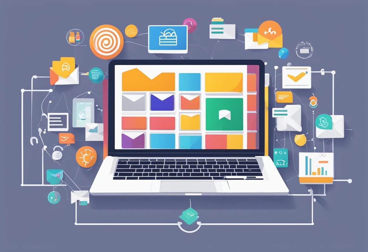 A laptop displaying a graph of increasing ROI, surrounded by various email leads providers' logos and charts