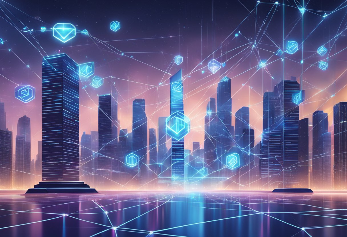 A futuristic cityscape with holographic email symbols floating above skyscrapers. A network of digital pathways connects the symbols, representing the future of email marketing