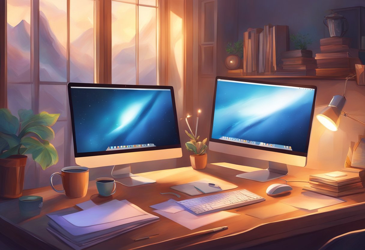 A sleek, modern computer with a blank screen sits on a desk, surrounded by scattered papers and a cup of coffee. The room is filled with the soft glow of a desk lamp, creating a cozy yet professional atmosphere