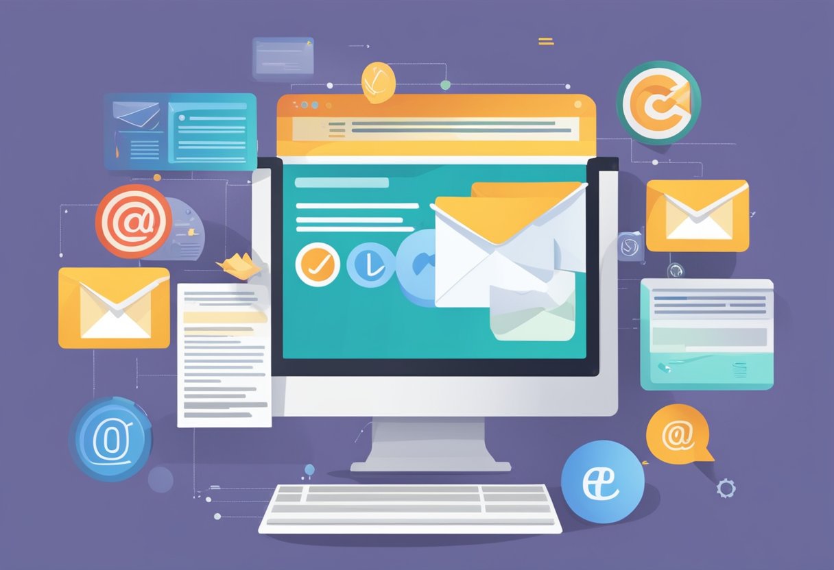 A computer screen displaying various email marketing optimization techniques. Data charts and graphs show increased leads and engagement