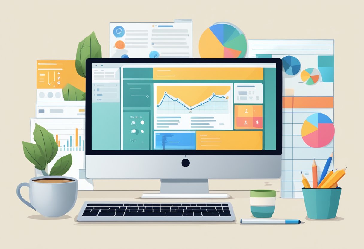 A computer screen displaying an email marketing dashboard with graphs and charts, surrounded by open notebooks and a cup of coffee