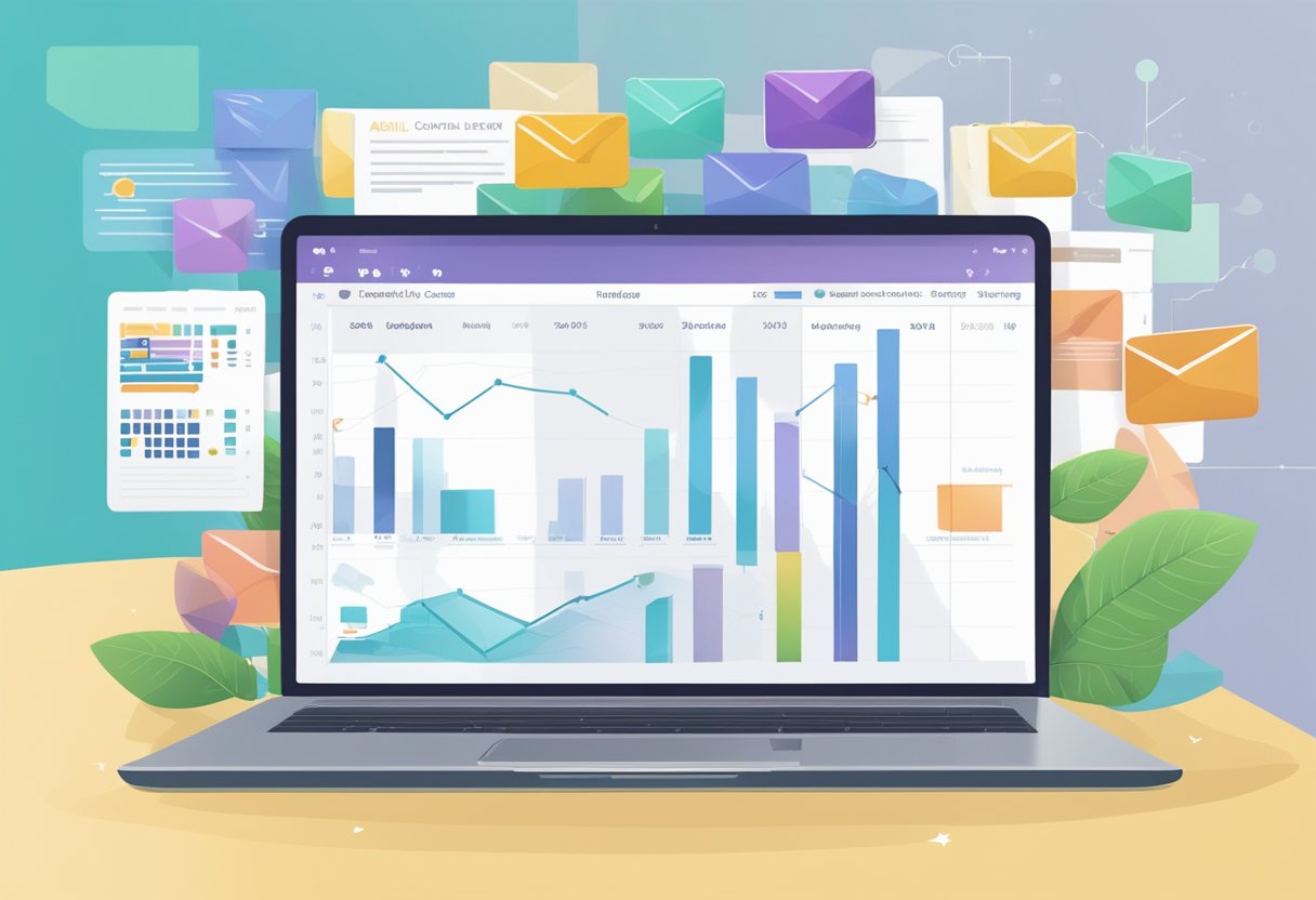 A laptop displaying a graph of email leads growth, surrounded by customer testimonials and a calendar of upcoming client outreach events