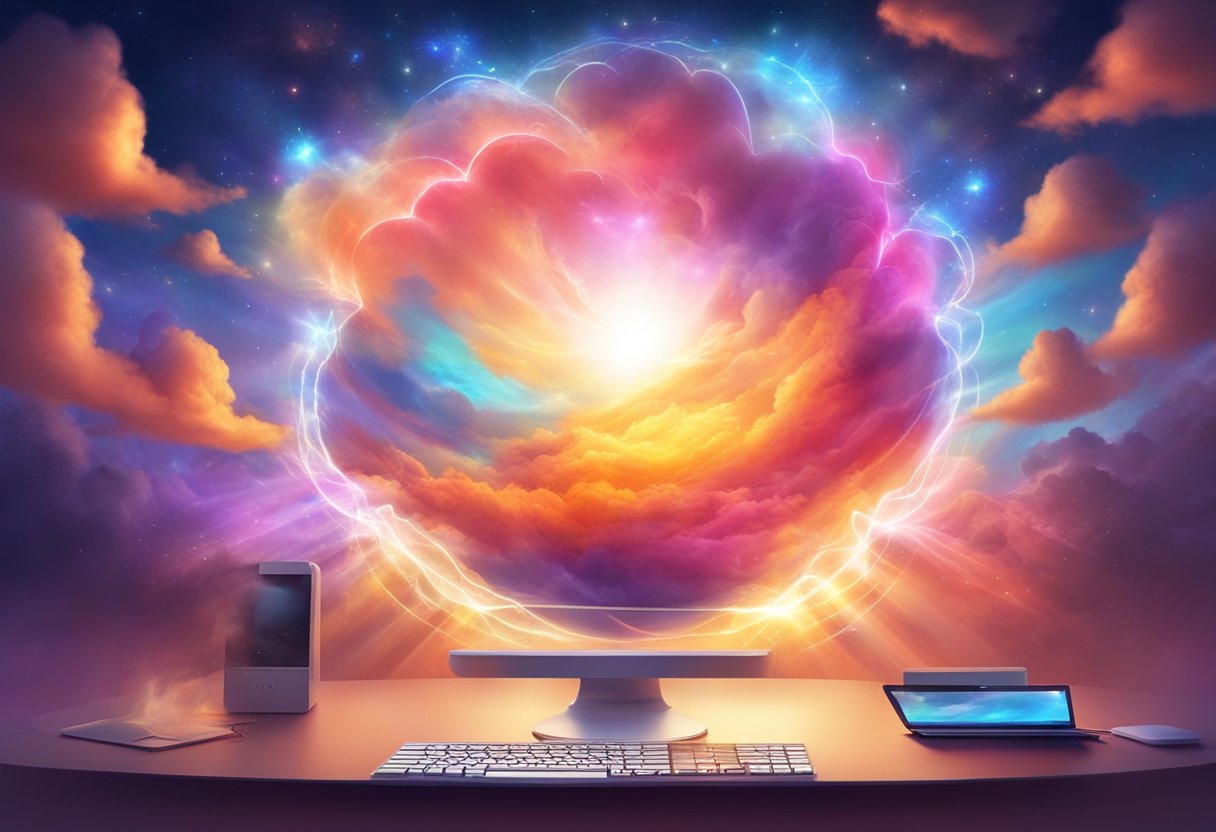 A cloud hovers above a computer, emitting colorful beams of light. The computer screen displays the words "Enhancing Branding and Marketing Strategies" with the logo of a video AI generator