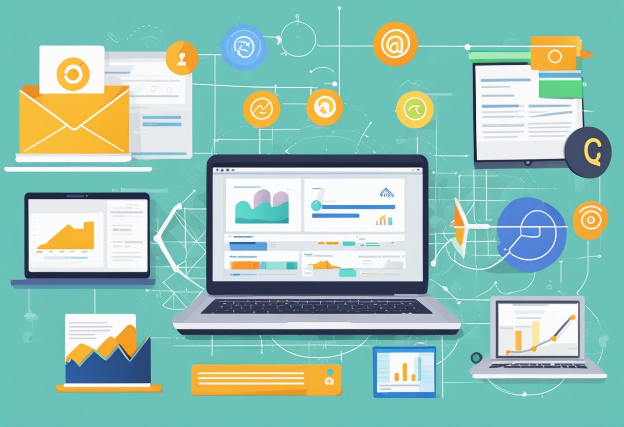 A laptop displaying a graph of increasing email leads, surrounded by various optimization tools and charts, symbolizing tracking success and improving ROI