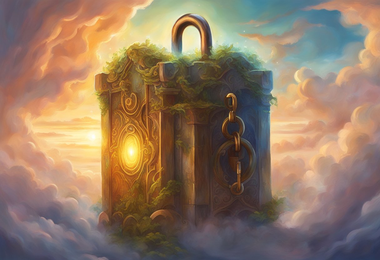 A locked padlock symbolizing security hovers over a cloud, while a faceless figure watches from a distance