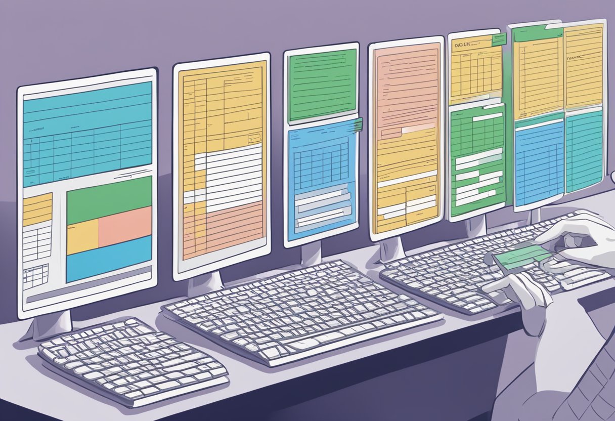 A computer screen displaying a spreadsheet with columns of company names, email addresses, and industry types. A hand hovers over a keyboard, entering data