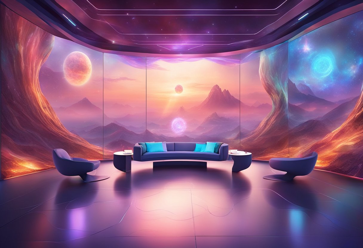 A futuristic room with floating screens and holographic interfaces displays innovative faceless video AI platforms