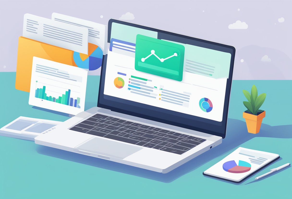 A laptop displaying email analytics with a graph showing increased conversion rates. A list of B2B leads and a marketing strategy document are nearby