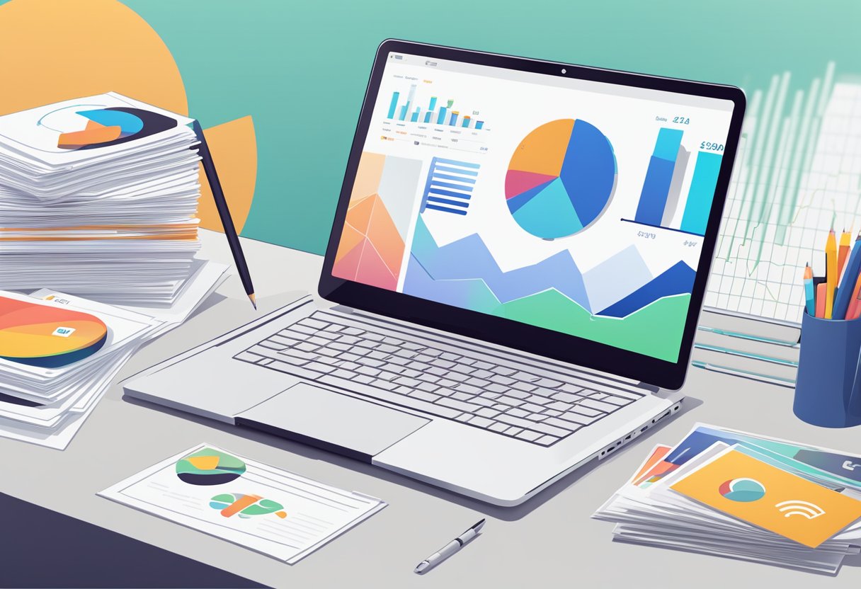 A laptop displaying an email marketing dashboard with graphs and charts, surrounded by a stack of business cards and a pen