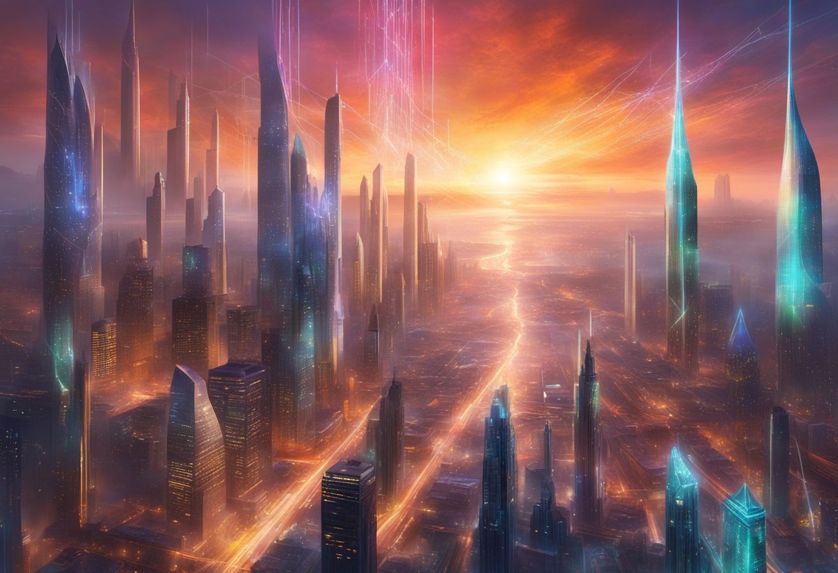 A futuristic, abstract cityscape with glowing data streams and AI algorithms interweaving through skyscrapers, symbolizing the impact of innovative video AI platforms on business