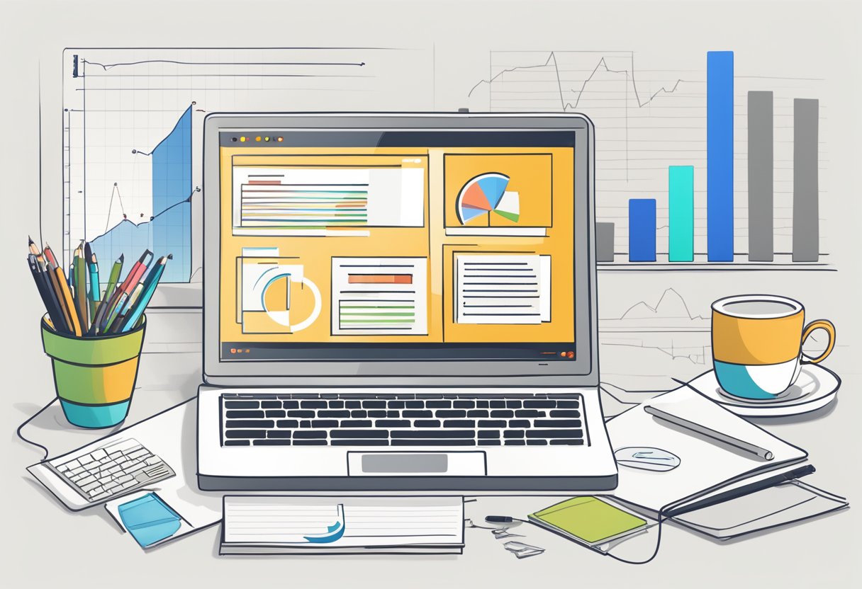 A computer screen displaying an email marketing dashboard with graphs and charts, surrounded by a desk cluttered with notebooks, pens, and a cup of coffee