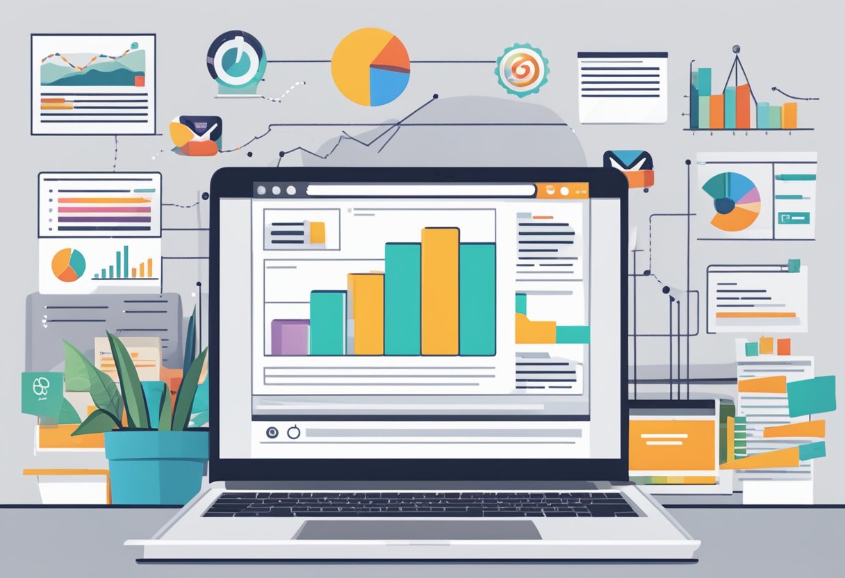 A laptop displaying an email marketing campaign, surrounded by charts and graphs showing lead generation data