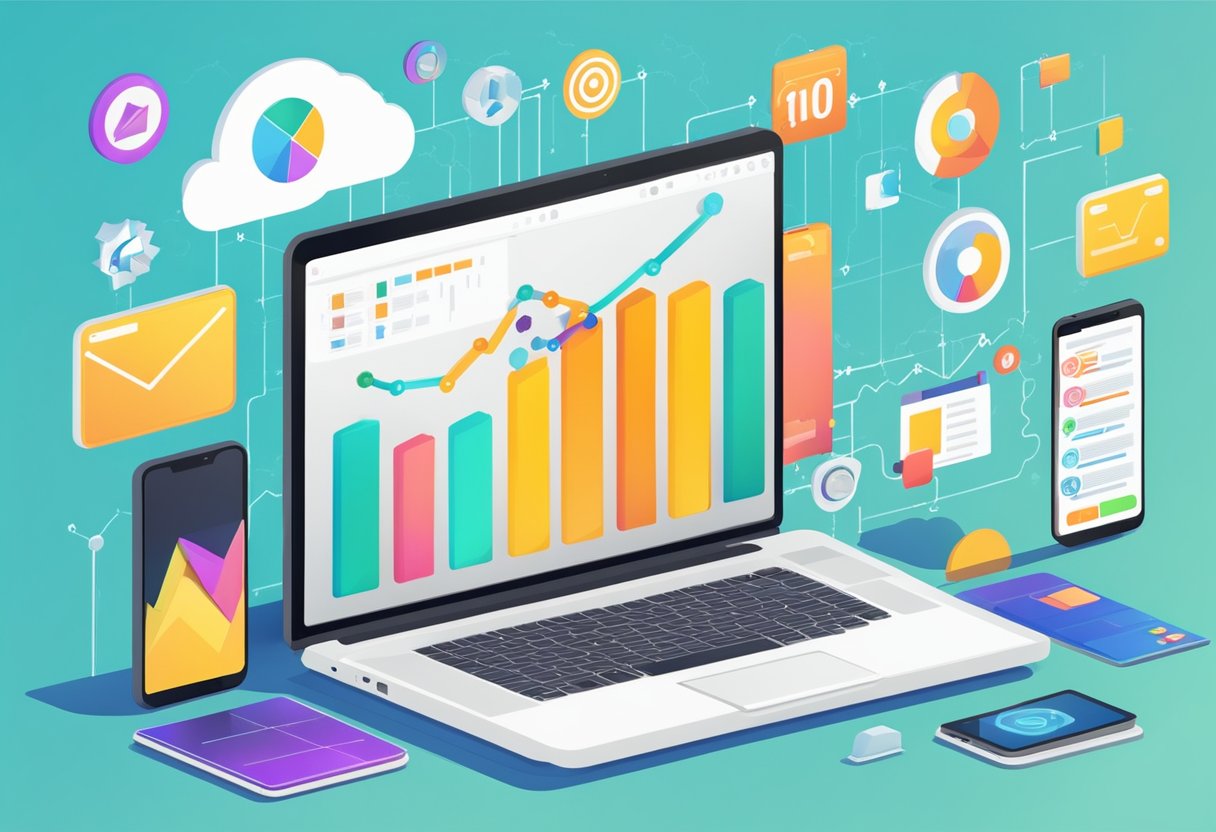 A laptop displaying a graph with an upward trend, surrounded by various digital marketing tools and icons, symbolizing the concept of optimizing conversion points and cost-effective email leads solutions