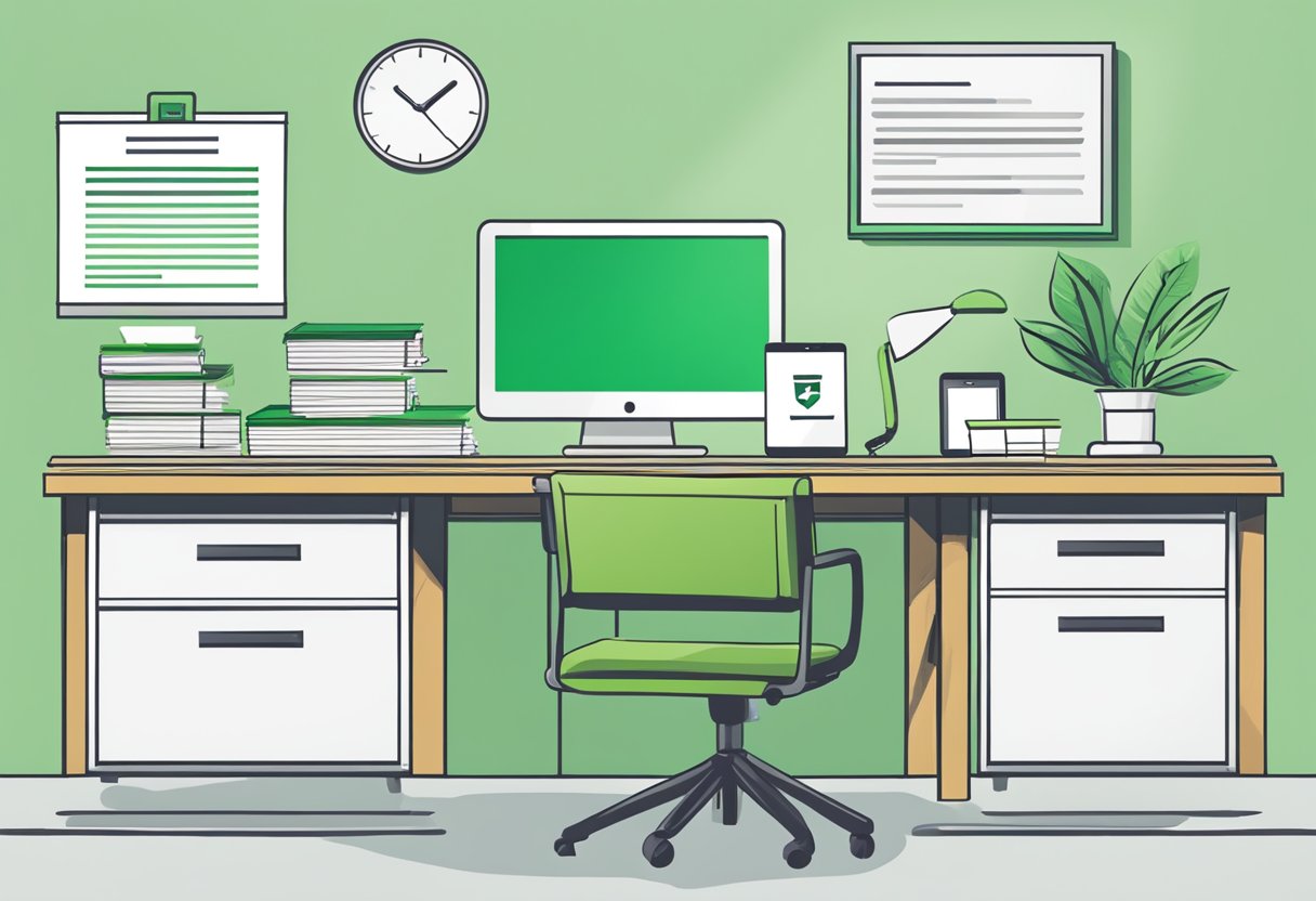 A desk with a computer, files, and a checklist. A green checkmark next to "Maintaining Compliance" and "Best Practices." Email icons in the background