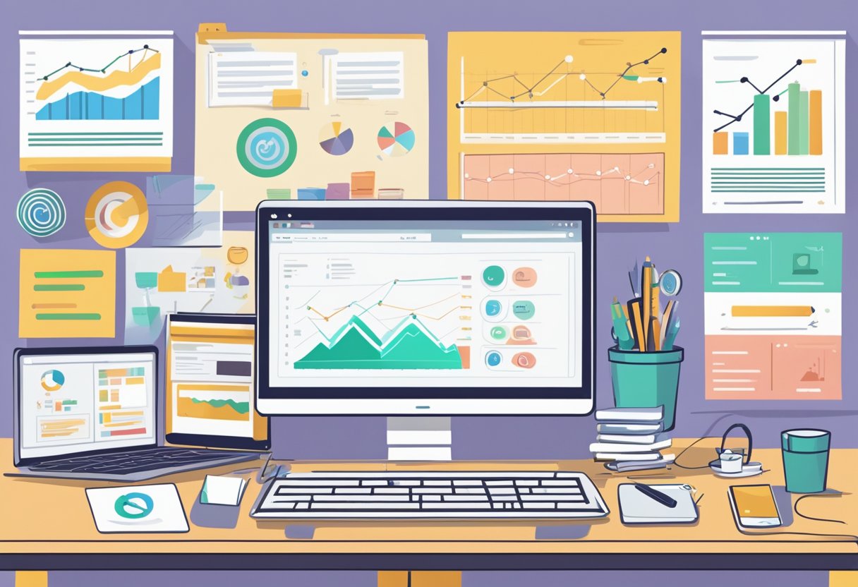 A computer screen displaying email list analytics with graphs and charts, surrounded by data-driven decision-making tools for small businesses