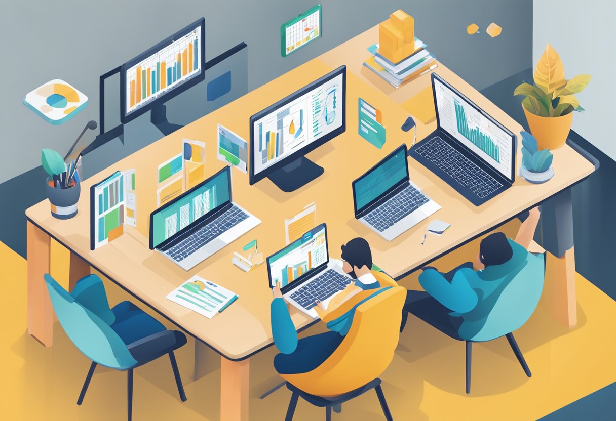 A table with laptops, charts, and graphs. Multiple list building service providers' logos displayed. A person analyzing and comparing features