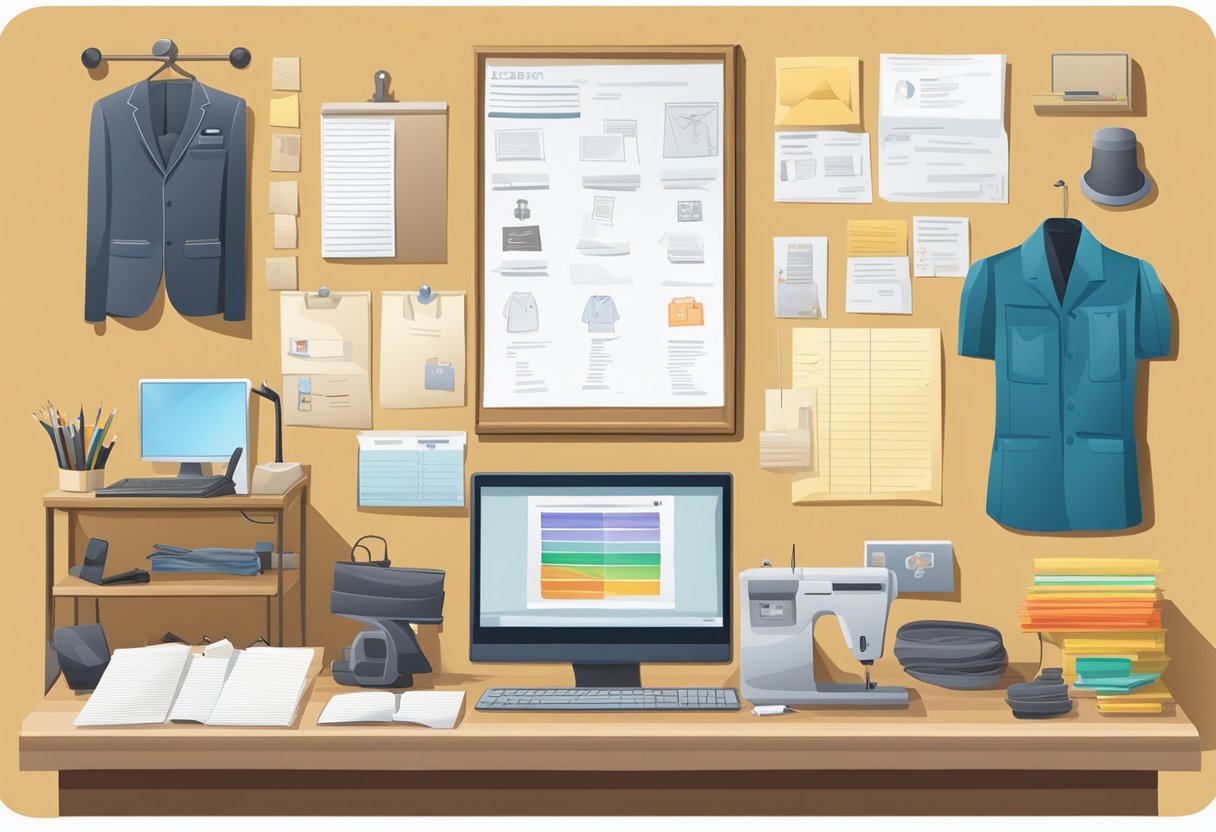 A tailor's shop with various industry symbols on a bulletin board, a computer with a list-building software, and a stack of custom-made lists