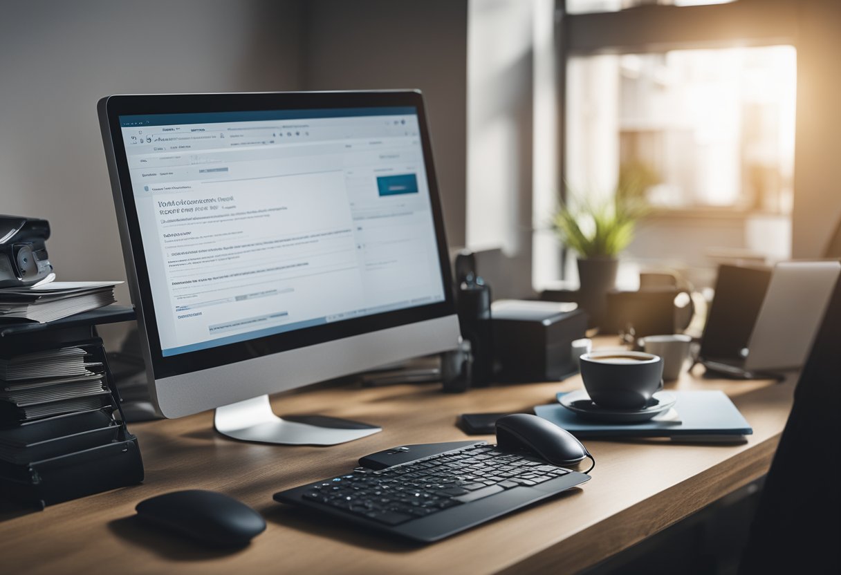 A desk with a computer displaying Moz Pro 10 SEO tool analyzing keyword competition. Books and papers scattered around