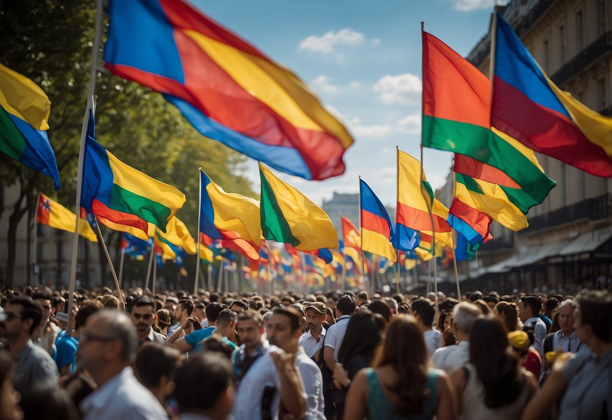 The scene is filled with vibrant colors and energy as flags from around the world flutter in the breeze, creating a sense of unity and anticipation for the upcoming Olympic Games in Paris 2024