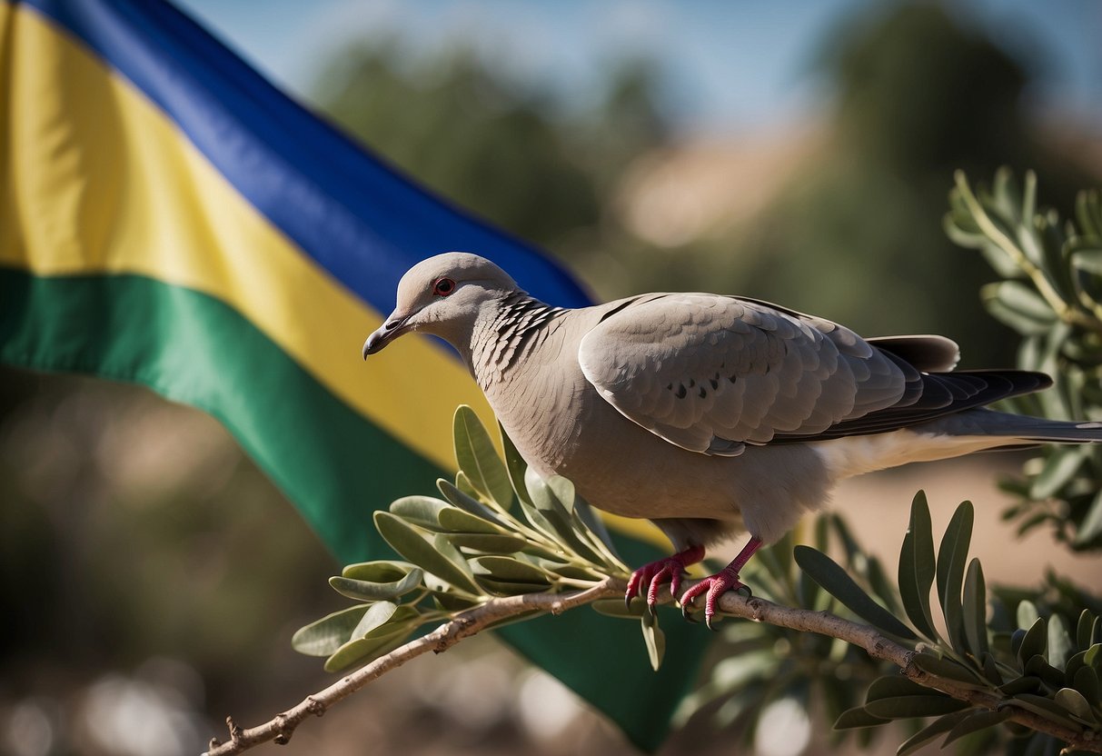 A dove carrying an olive branch hovers between the flags of Gaza and Ukraine, symbolizing China's role as a peacemaker