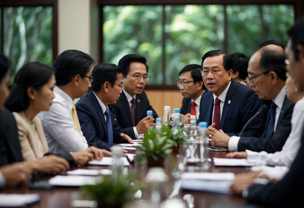 ASEAN leaders convene in a roundtable discussion, addressing the crisis in Myanmar with urgency and determination. The atmosphere is tense, yet hopeful, as they strategize and collaborate on a plan of action