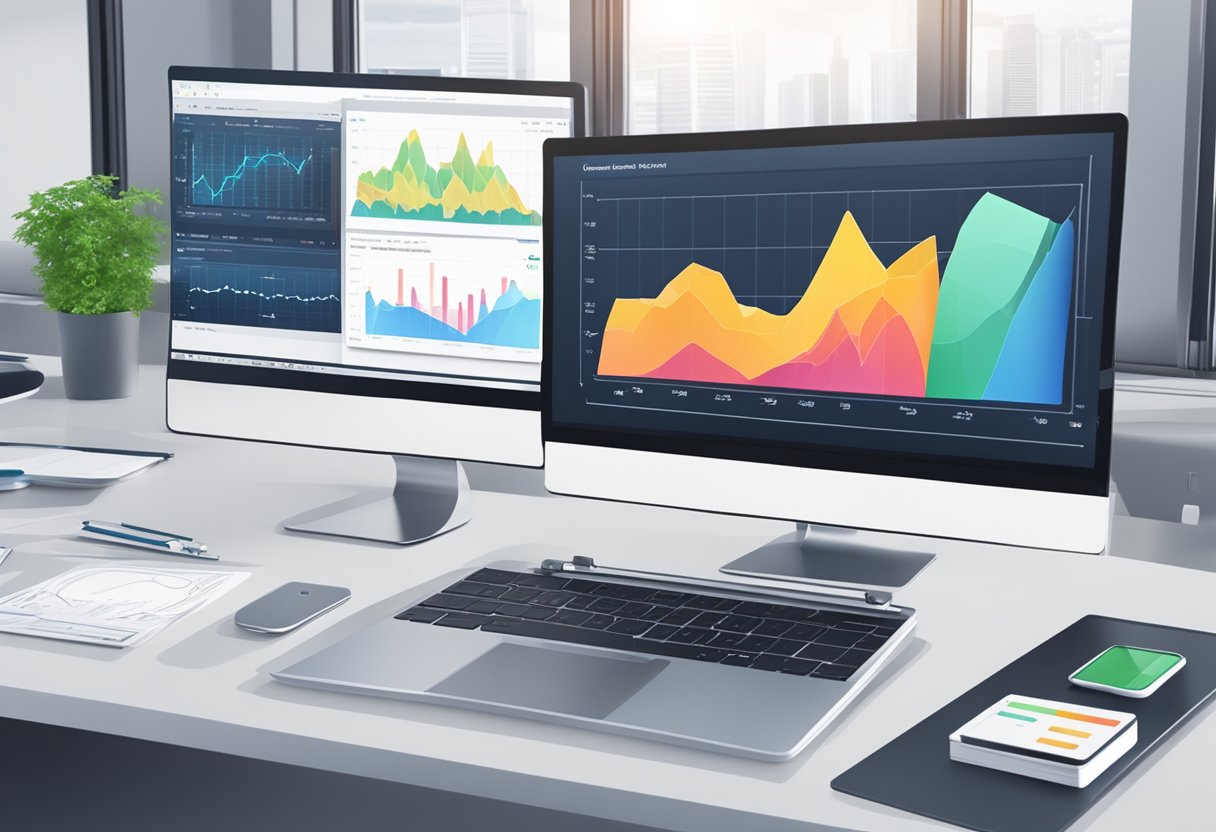 A computer screen displaying data charts and graphs with a file sharing platform logo in the background