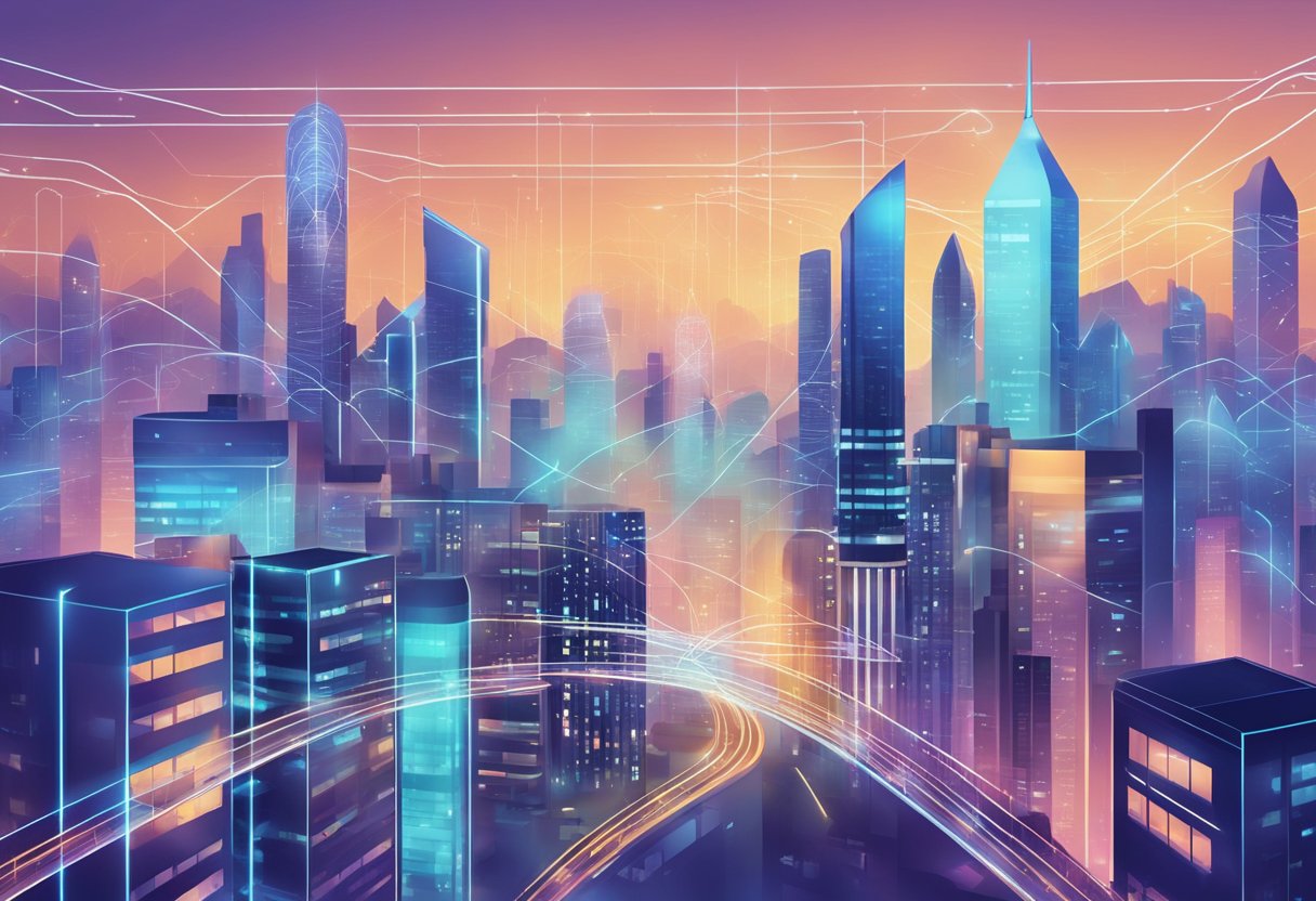 A futuristic city skyline with data streams connecting various buildings, symbolizing scalability and future-proofing in file sharing solutions