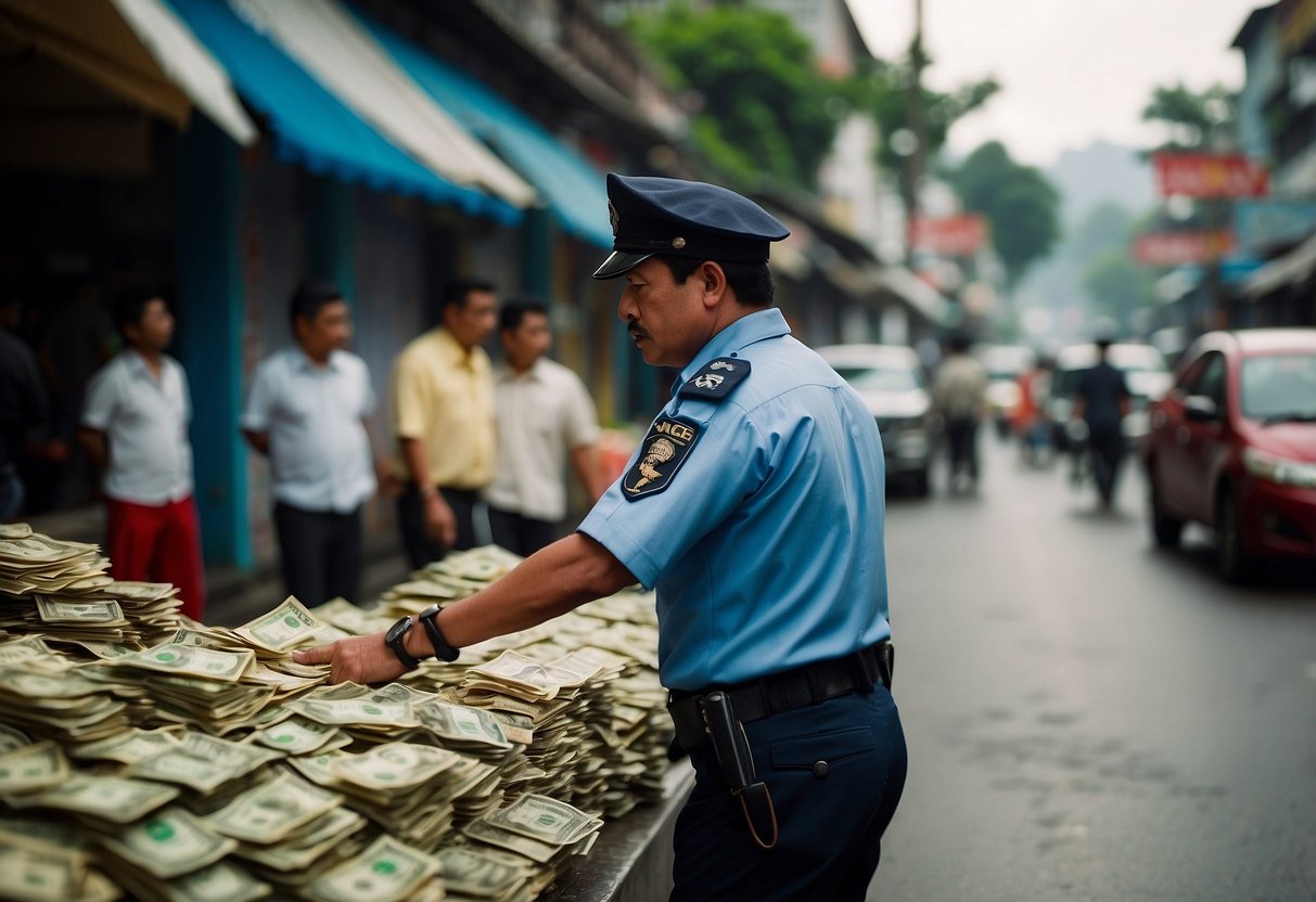 A police officer searches for money in Semarang city