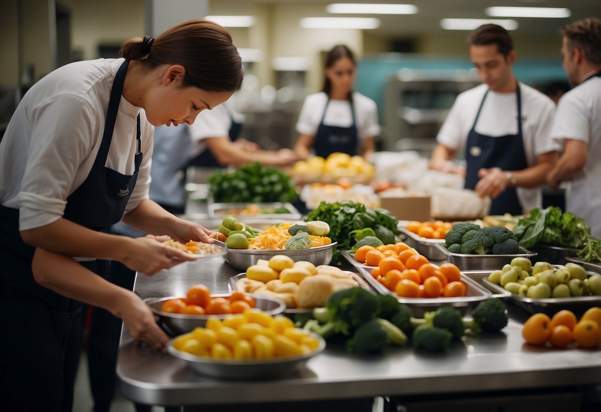 A person arranging a nutritious meal program. Tables with food, charts, and volunteers ensuring smooth operation