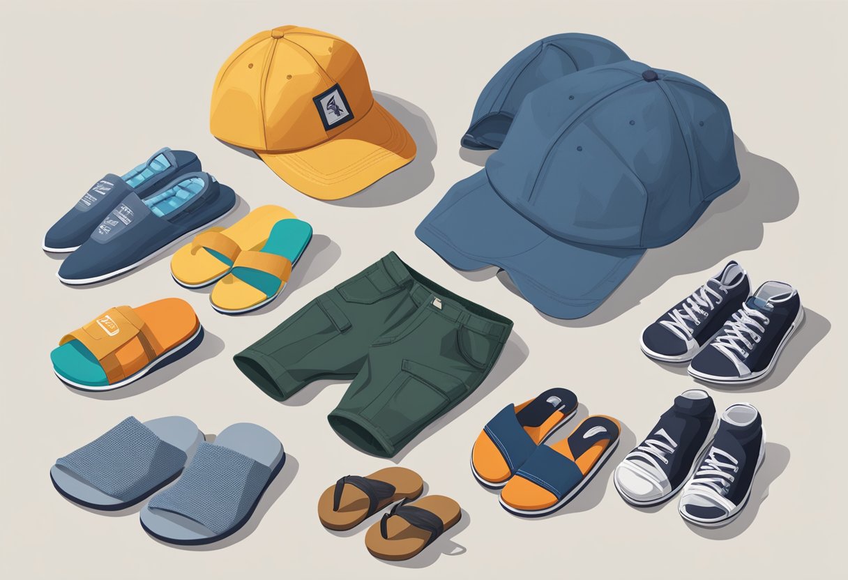 Men's clothing items scattered on the floor, including flip-flops, cargo shorts, and graphic tees. A pile of oversized baseball caps and a pair of socks with sandals