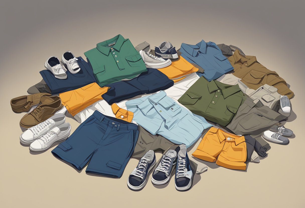 A pile of outdated men's fashion items, including oversized cargo shorts, popped collars, and graphic tees, scattered on the floor