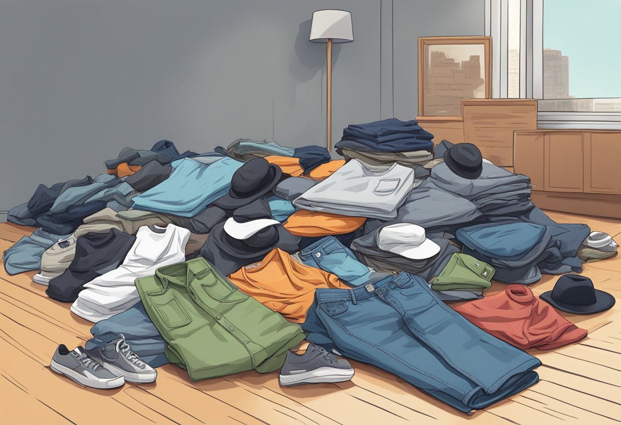 A pile of ill-fitting clothes: baggy jeans, oversized t-shirts, and unflattering hats scattered on the floor