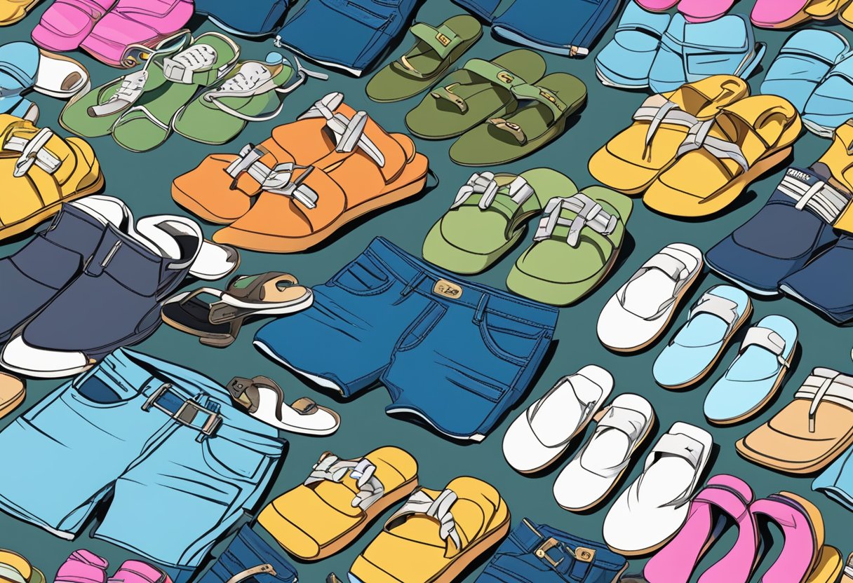 A pile of 10 items: flip-flops, cargo shorts, graphic tees, baseball caps, baggy jeans, sleeveless shirts, overly tight clothing, visible socks with sandals, oversized sunglasses, and excessive jewelry