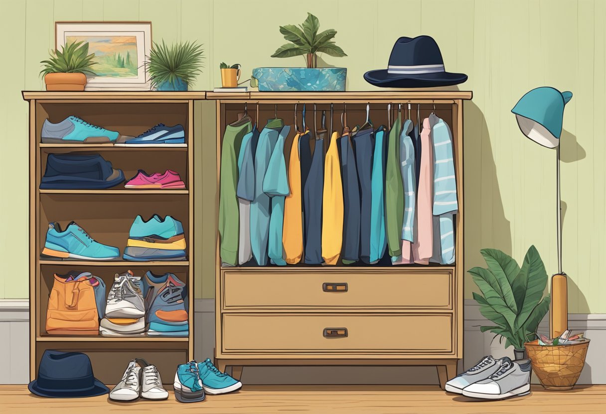 A cluttered dresser with mismatched accessories: tie with a Hawaiian shirt, dress shoes with athletic socks, and a fedora with a tracksuit