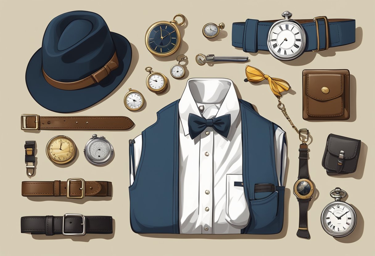 A cluttered table with outdated accessories: fedora, suspenders, pocket watch, monocle, bow tie, ascot, fanny pack, oversized belt buckle, old-fashioned cufflinks, and a dated wristwatch