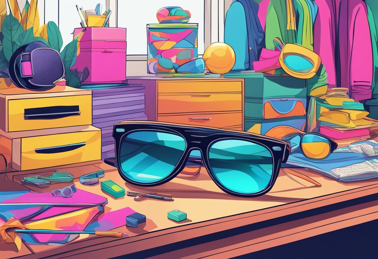 A pair of oversized, neon-colored sunglasses lies abandoned on a cluttered dresser, surrounded by other fashion faux pas items