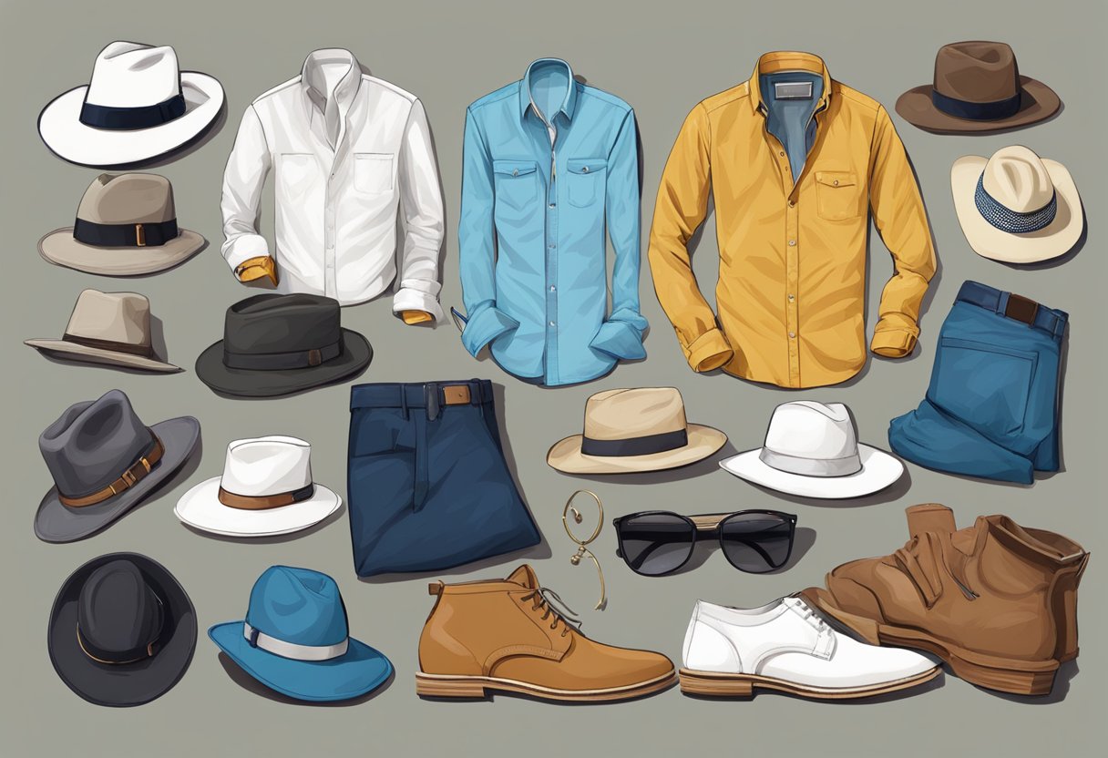 A pile of trendy but misguided men's fashion items, including oversized fedoras, deep V-neck shirts, and excessive accessories