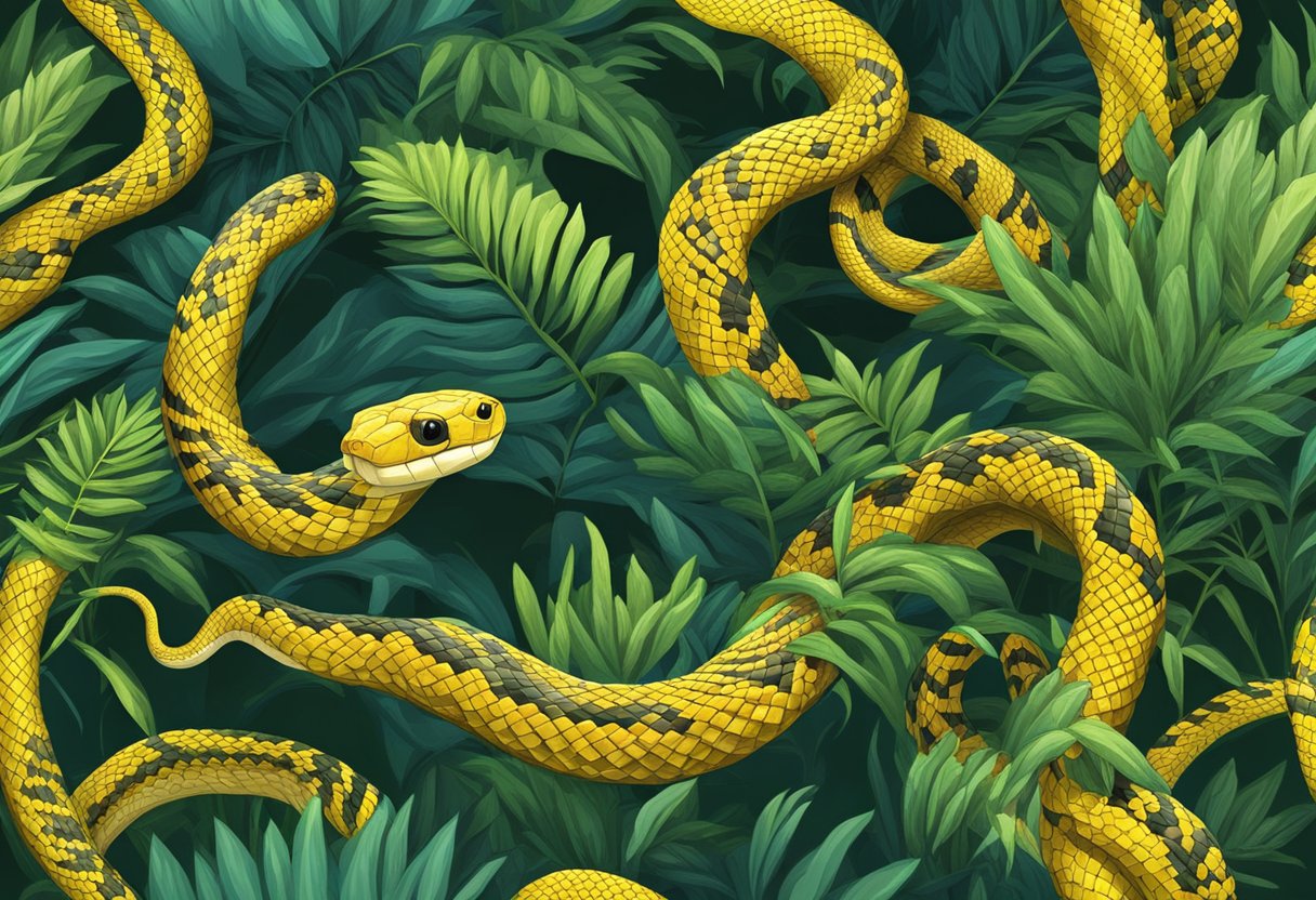 Five deadly snakes slithering in a jungle clearing. Each snake is coiled and ready to strike, their vibrant colors warning of their lethal venom